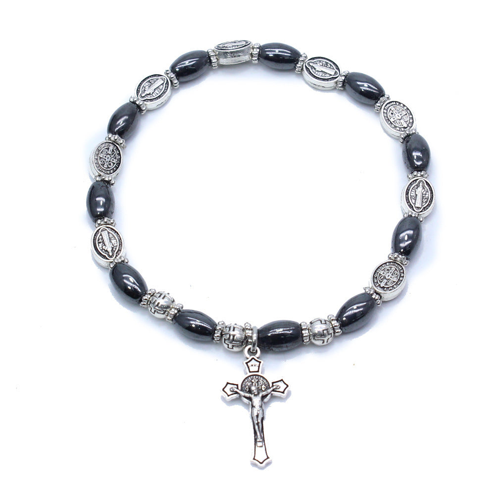 Christian Icon Black Beads Cross Bracelet Bracelet Jewelry  Beaded Rosary