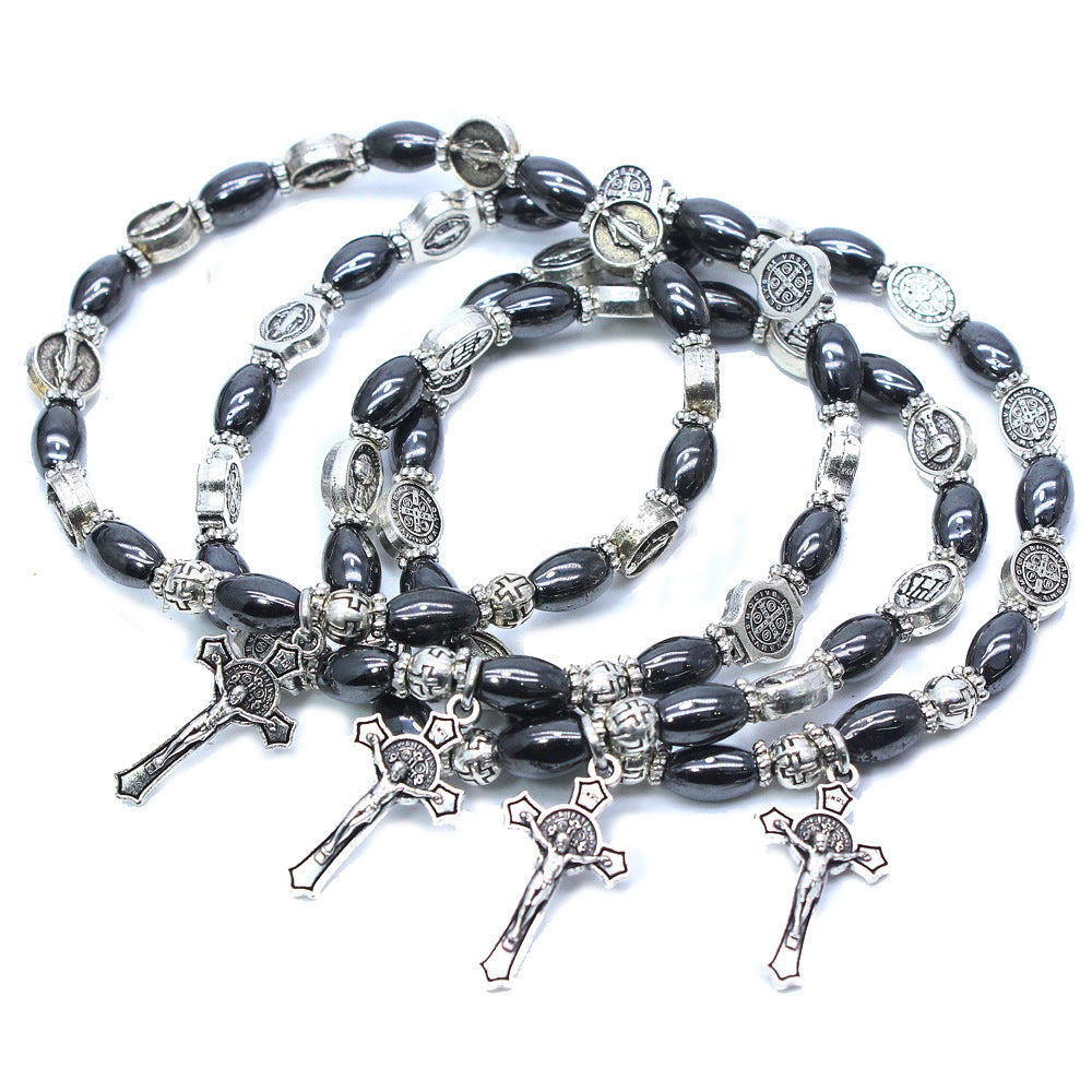 Christian Icon Black Beads Cross Bracelet Bracelet Jewelry  Beaded Rosary